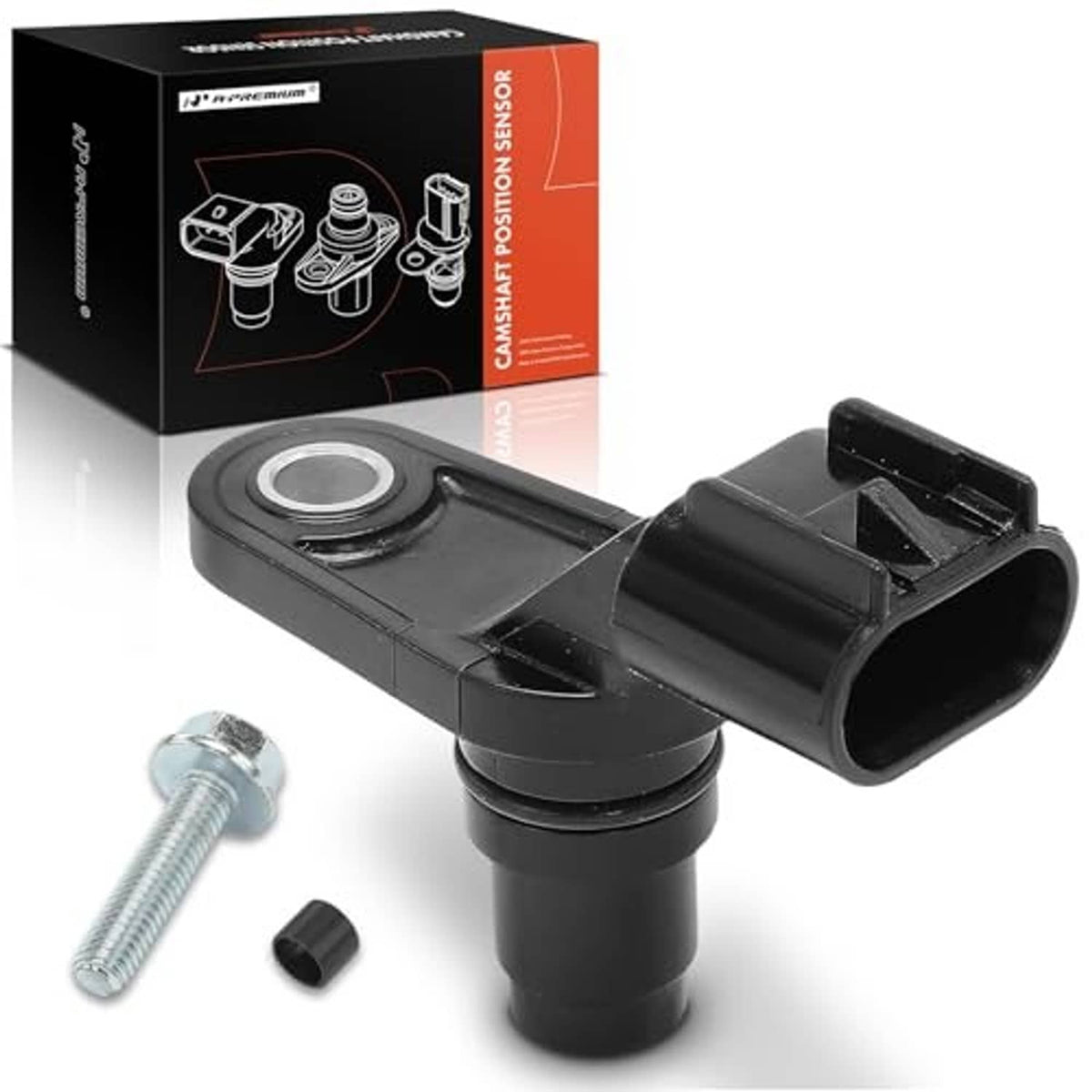 Black camshaft position sensor with mounting base and electrical plug, plus bolt