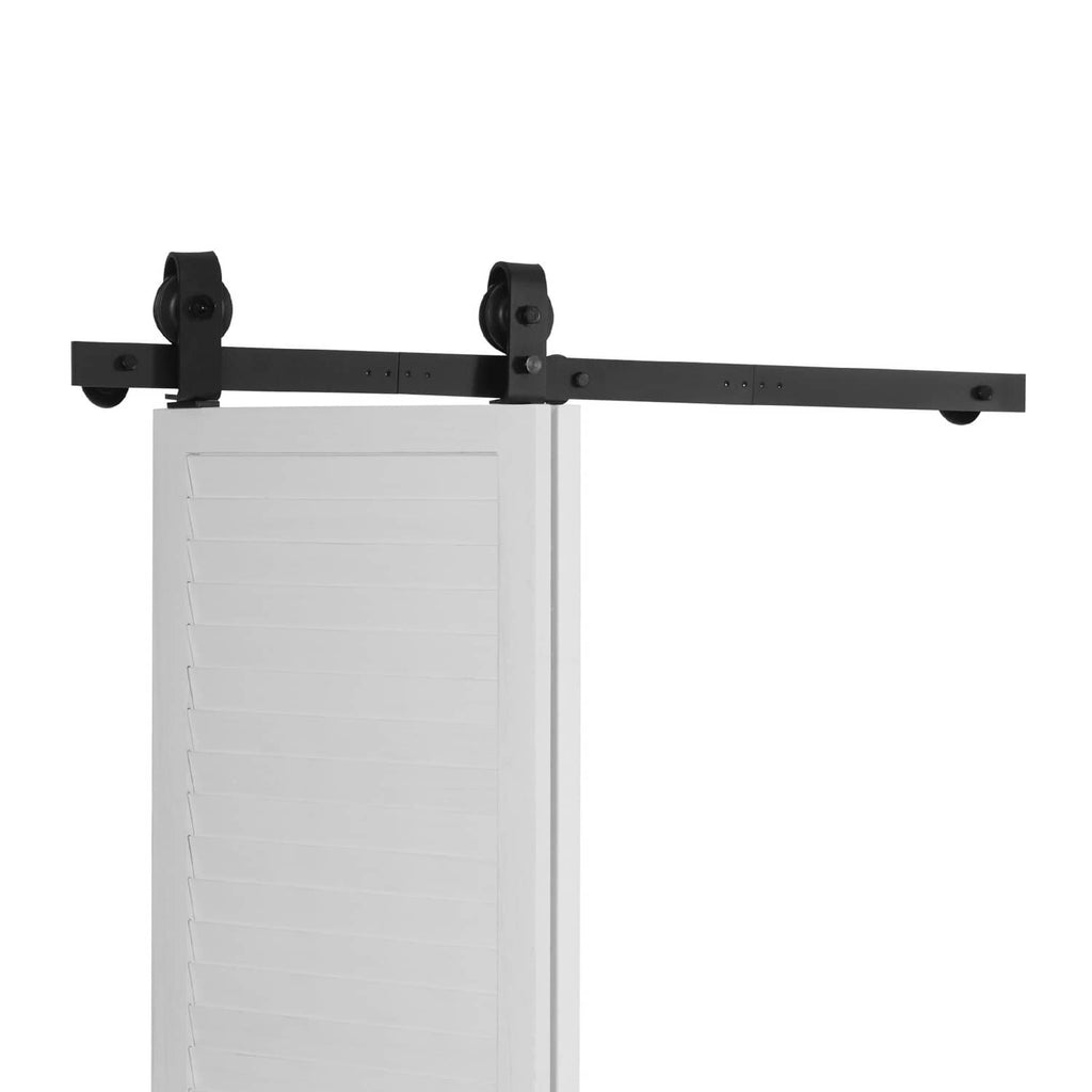 Black bi-fold door track rail with two roller hangers mounted on white folding panels