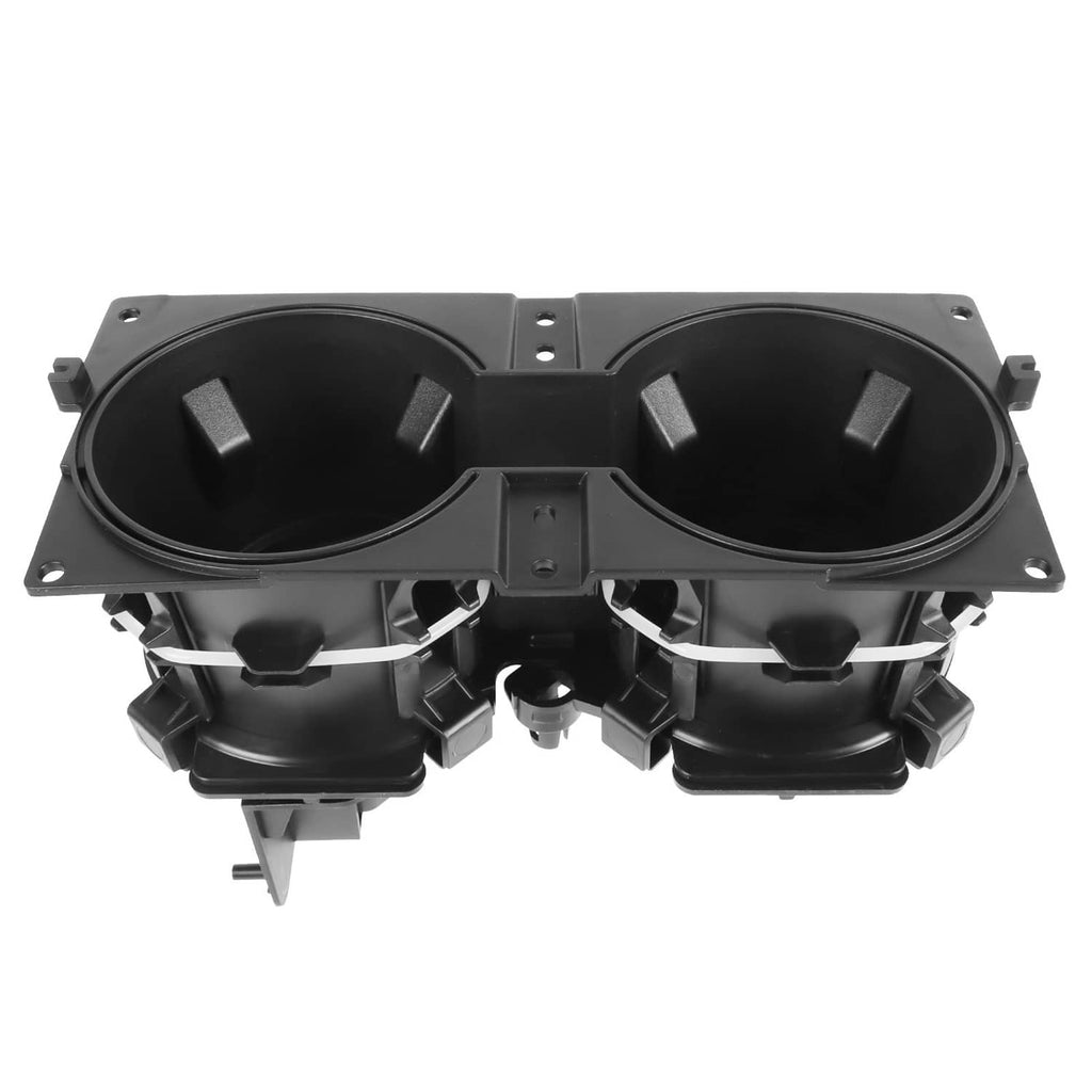 Front center console dual cup holder insert, black plastic with two round openings