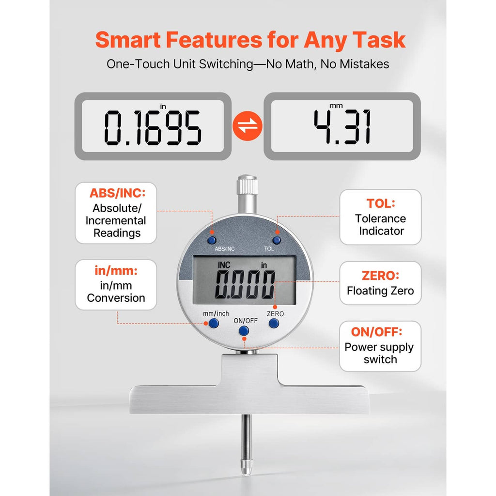 Digital depth micrometer with LCD screen and mounted base on metal workpiece