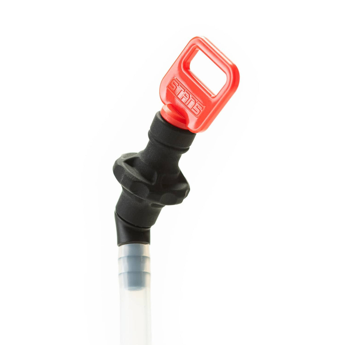 Close-up of tubeless sealant injector nozzle with red push lever and black connector