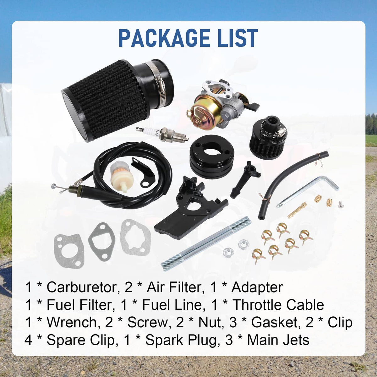 Carburetor air filter adapter parts package: black filter, cables, gaskets and jets