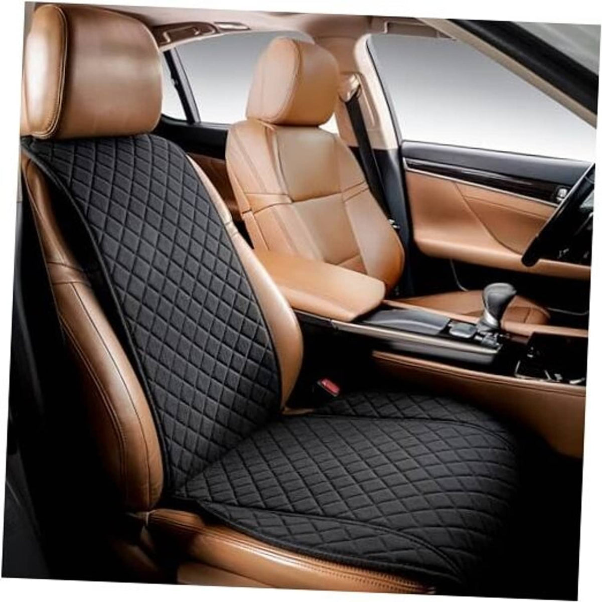 Black faux linen front car seat cover with quilted diamond pattern, non-slip backing