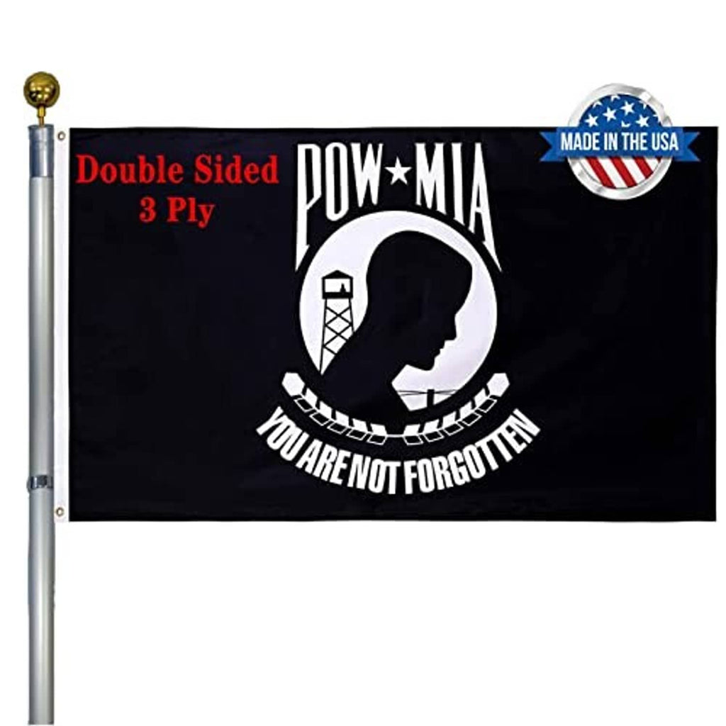 POW-MIA memorial double-sided flag on metal pole, black fabric with white emblem