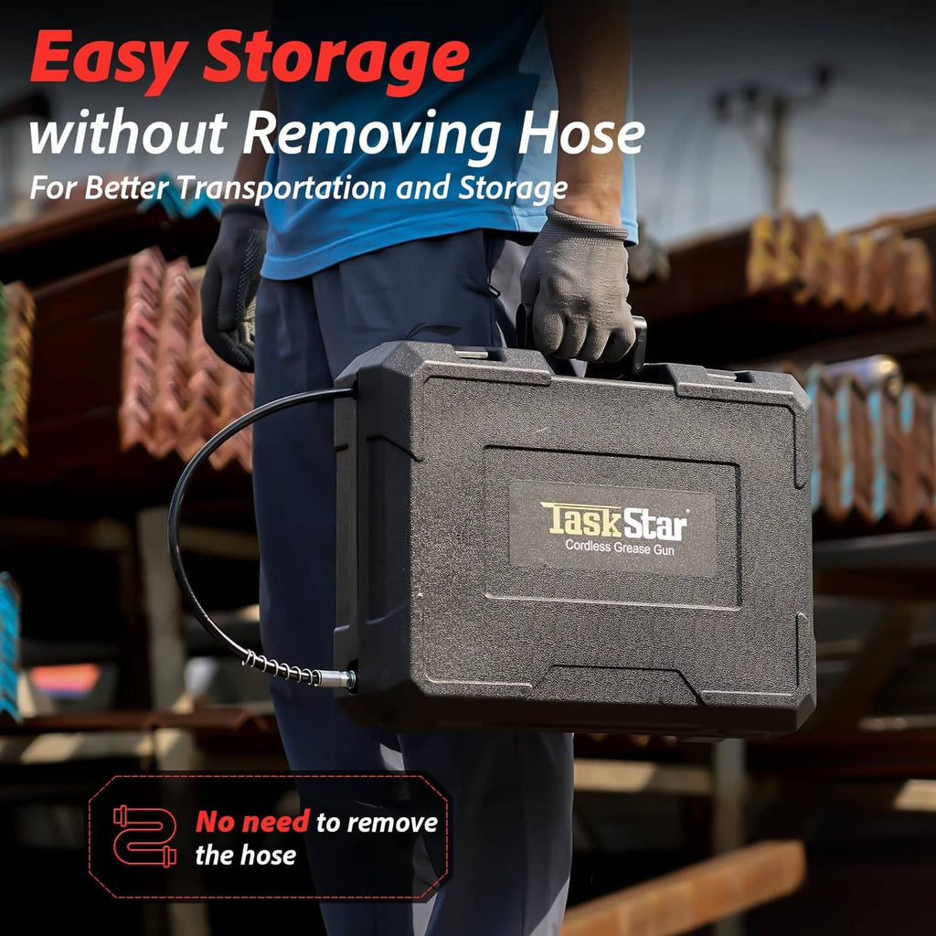 Gray hard storage case for cordless electric grease gun with hose connected