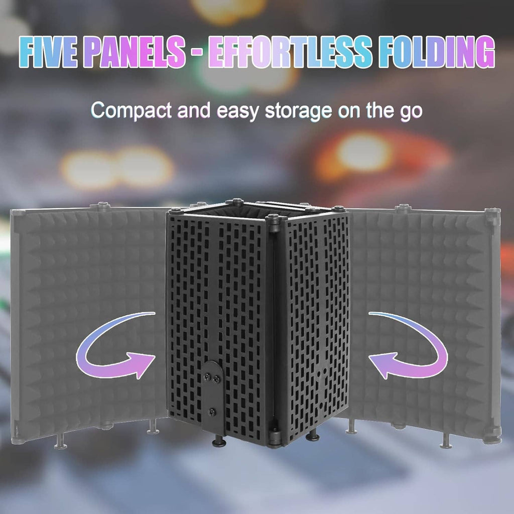 Five-panel folding microphone isolation shield with compact hinged acoustic panels