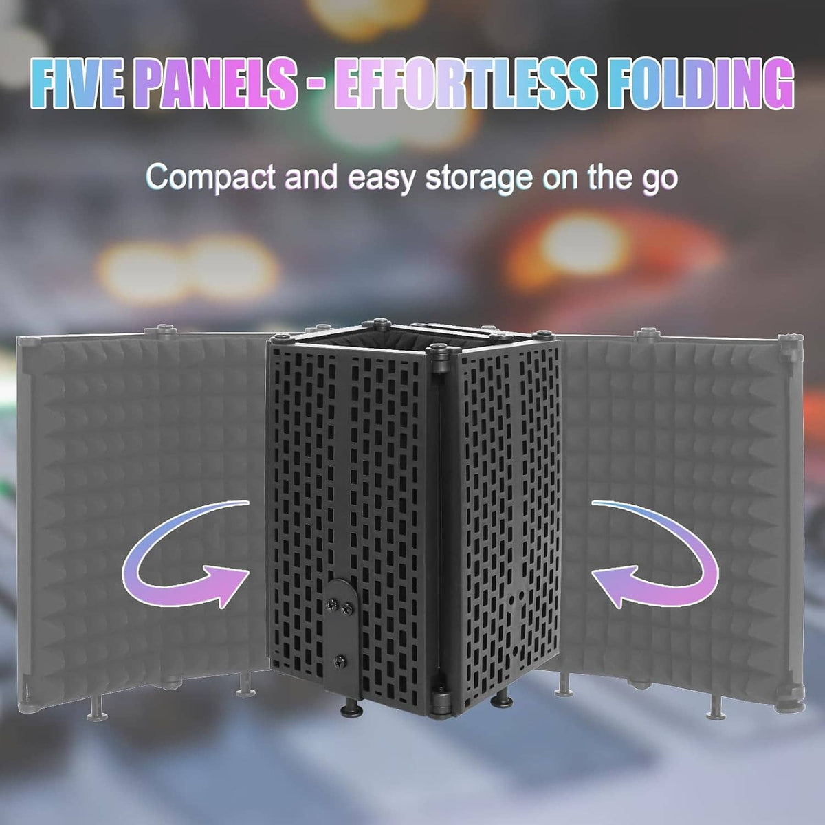 Five-panel folding microphone isolation shield with compact hinged acoustic panels