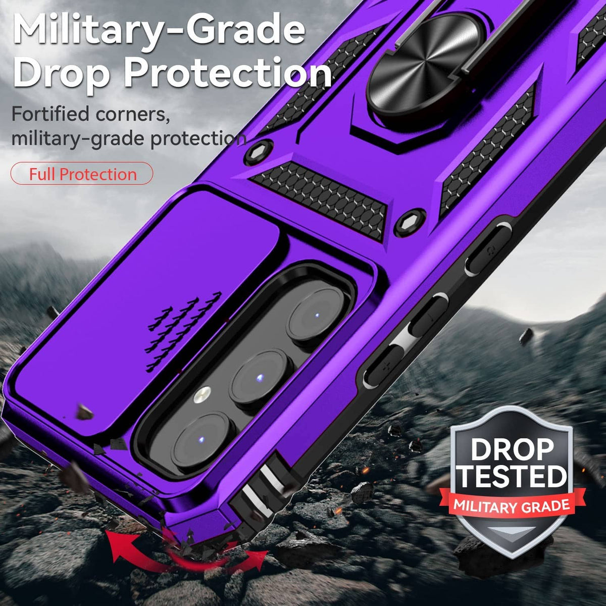 Purple rugged phone case with textured grip and reinforced corners, drop protection style