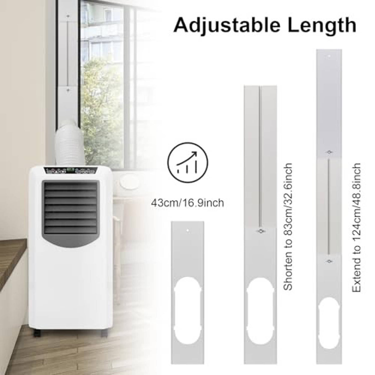Adjustable window AC duct kit with extendable side panels and flexible exhaust hose