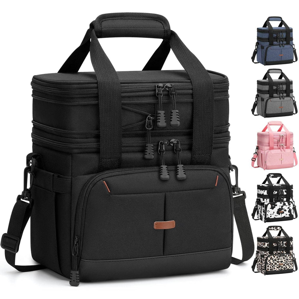 Black insulated lunch box with wide shoulder strap and front zip panel pockets.
