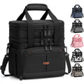 Black insulated lunch box with wide shoulder strap and front zip panel pockets.
