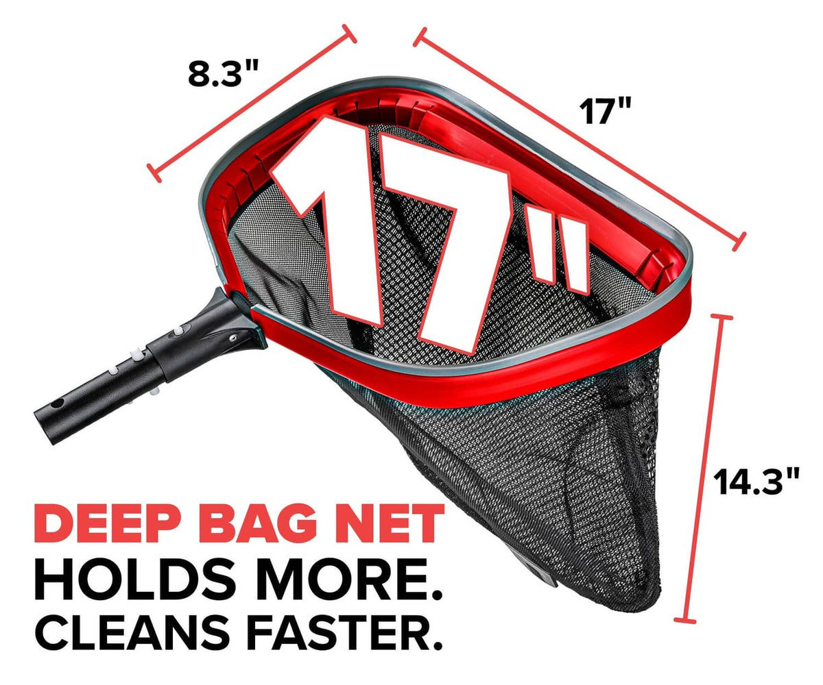 Red deep bag pool net rake with black mesh netting and long handle, shown angled