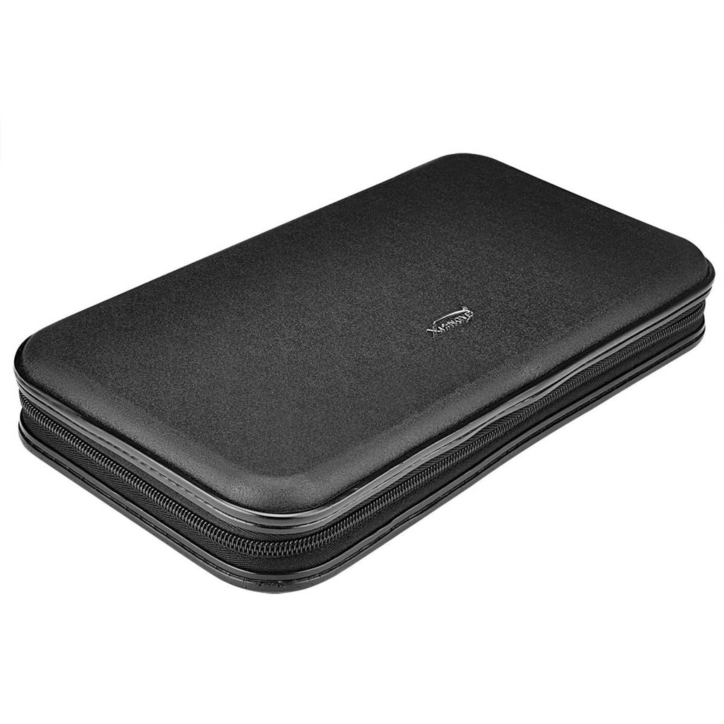 Black rectangular DVD case wallet with centered logo and full-length zipper.