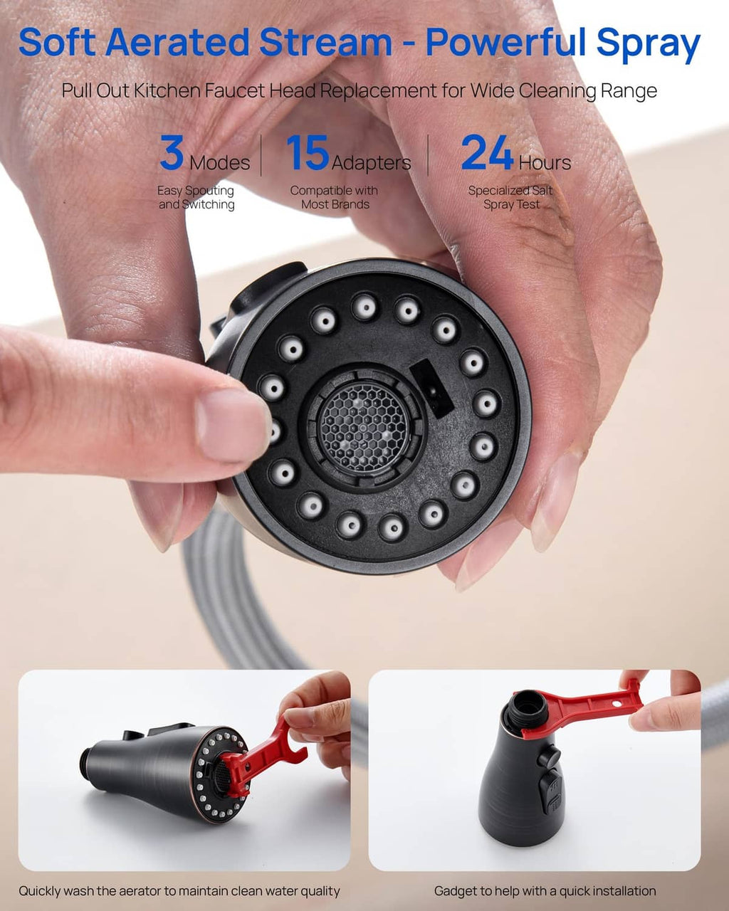 Oil-rubbed bronze sprayer head replacement with soft aerated stream and 3 modes