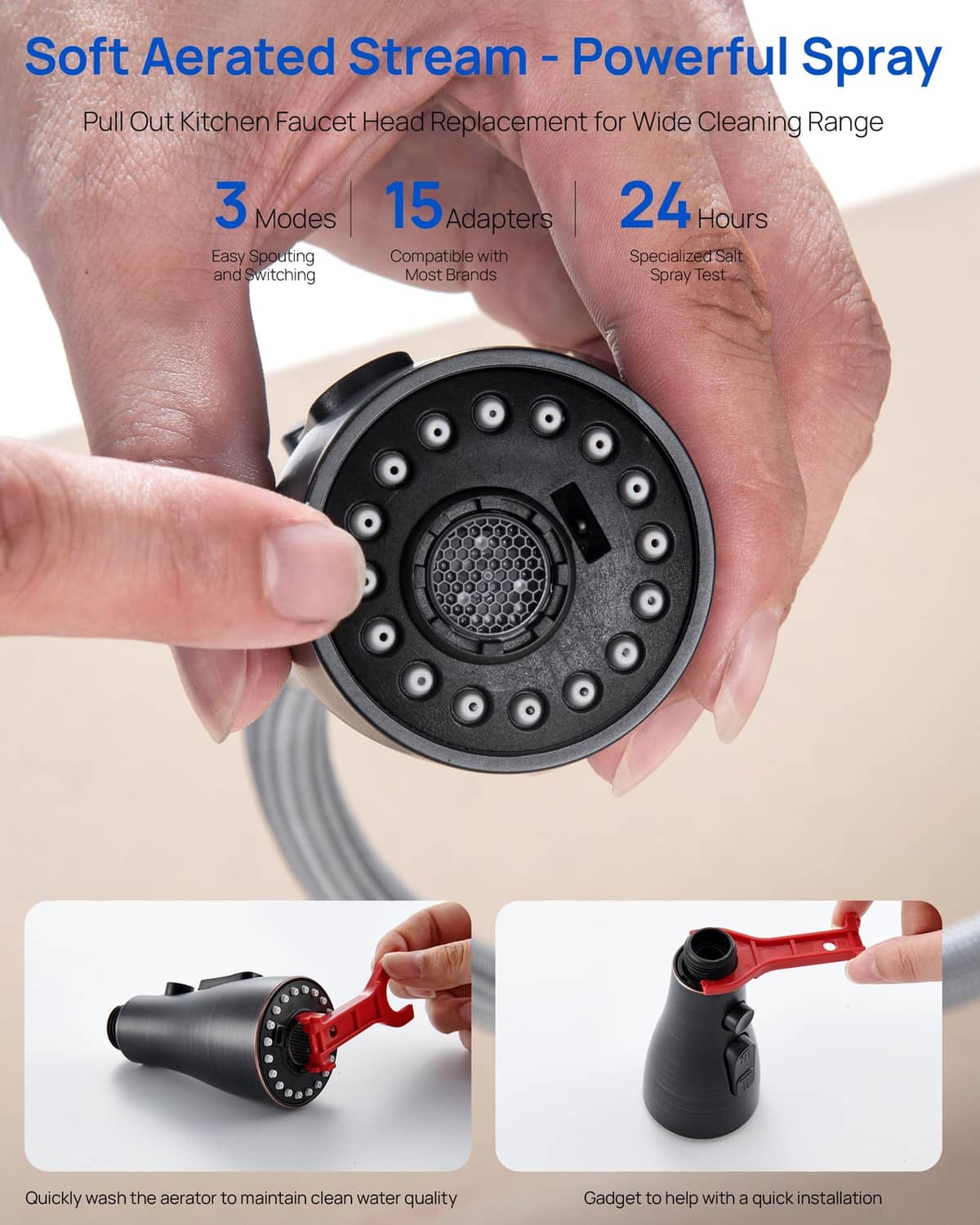 Oil-rubbed bronze sprayer head replacement with soft aerated stream and 3 modes