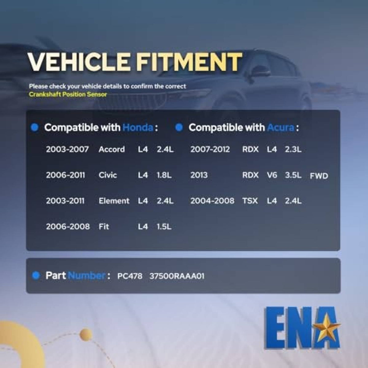Vehicle fitment chart for a crankshaft position sensor with compatible models list