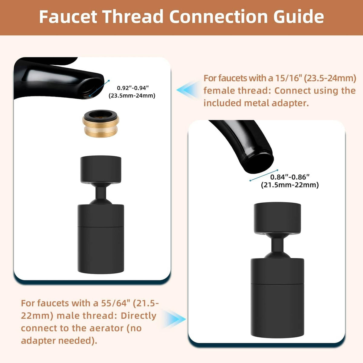 Matte black faucet aerator thread connection guide with adapter shown