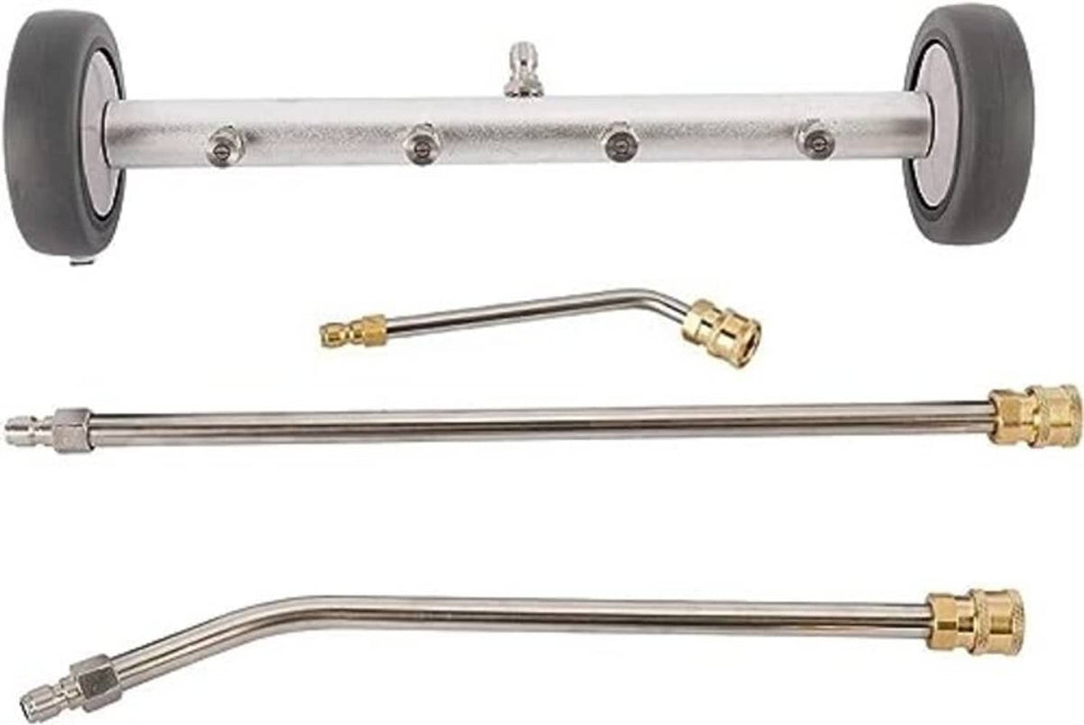 Silver water broom attachment with wheels and three-piece wand set