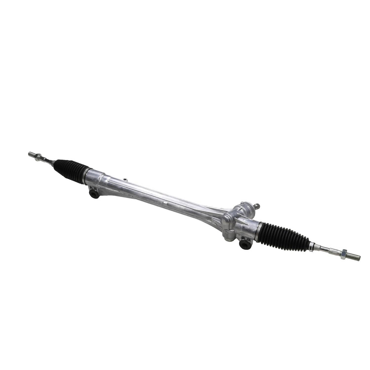 Power steering rack and pinion unit with black rubber boot and metal housings