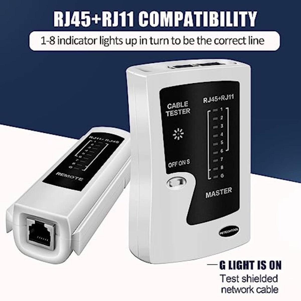 RJ45/RJ11 cable tester with master unit and remote for line identification