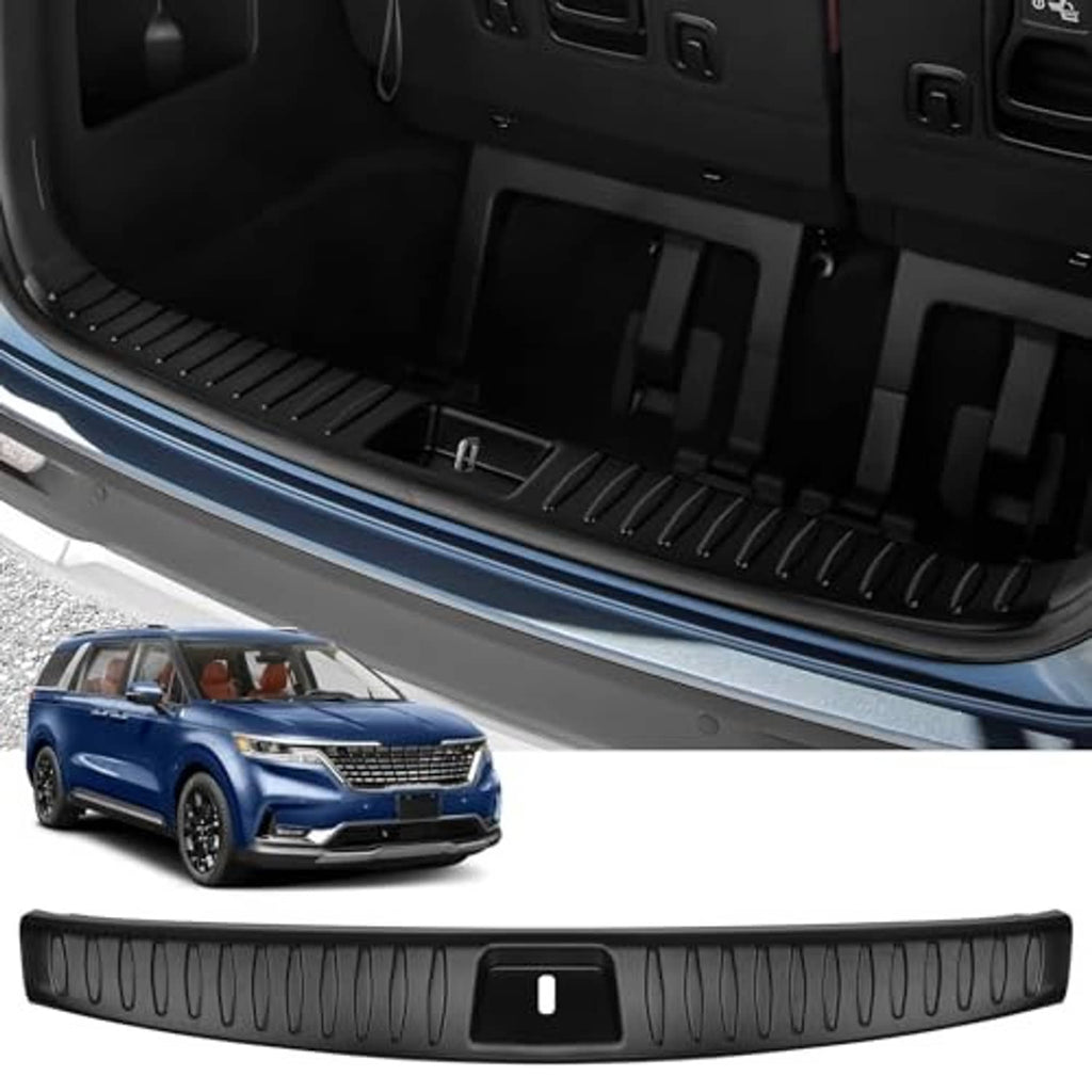 Black interior rear bumper protector panel with centered notch and ribbed texture