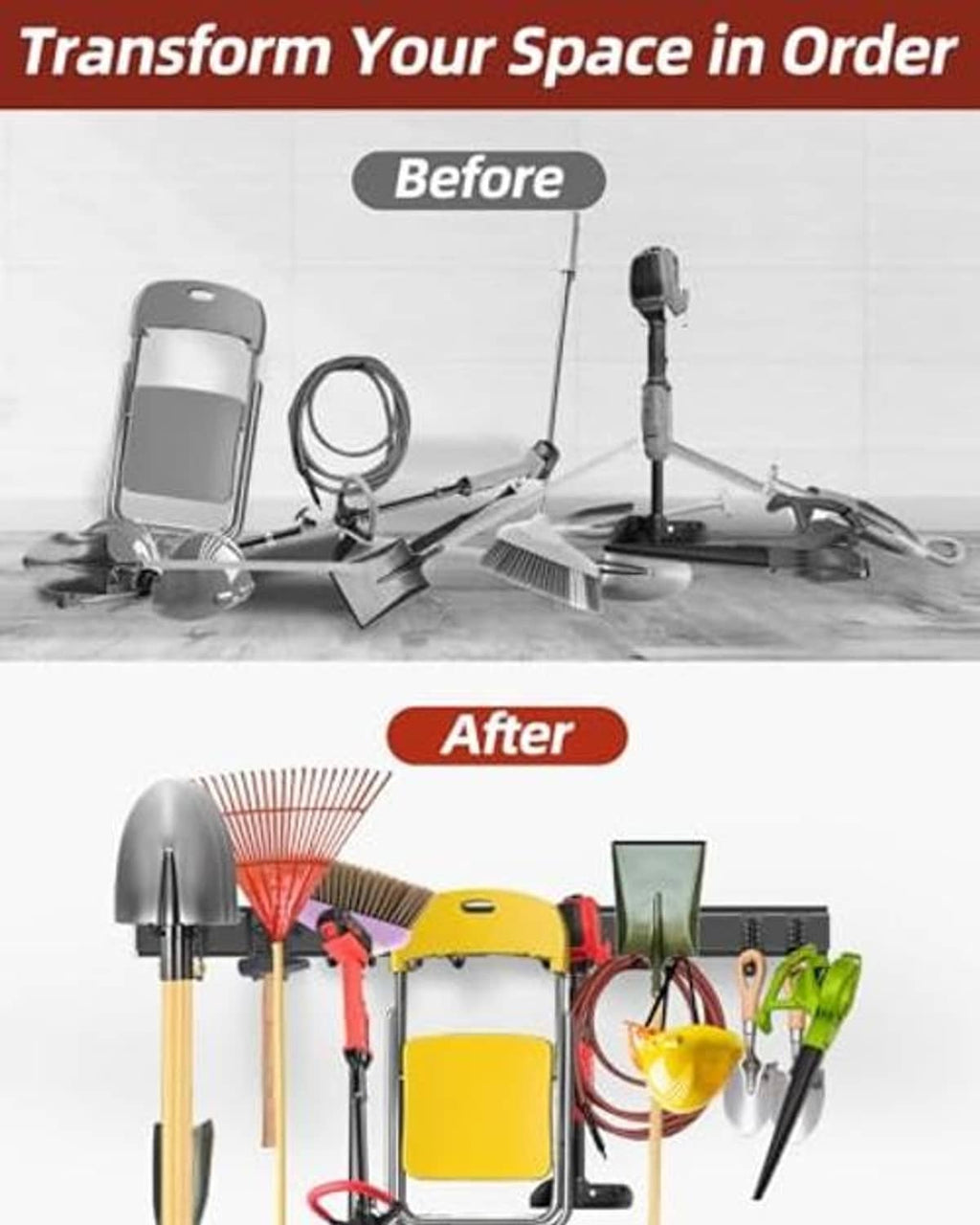 Wall-mounted tool rack with hooks organizing shovels, rakes, and garden tools