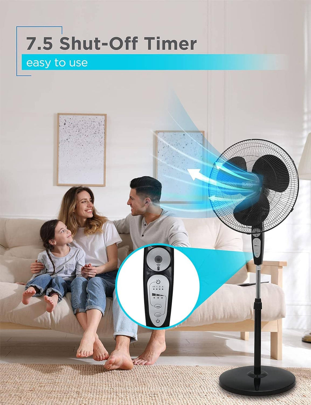 Black pedestal stand fan with shut-off timer feature indicator and remote