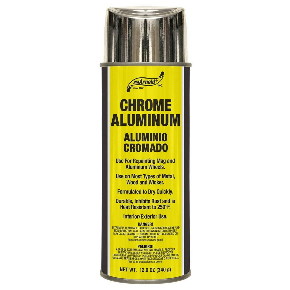 Chrome aluminum aerosol spray paint can with yellow label, 12 oz size