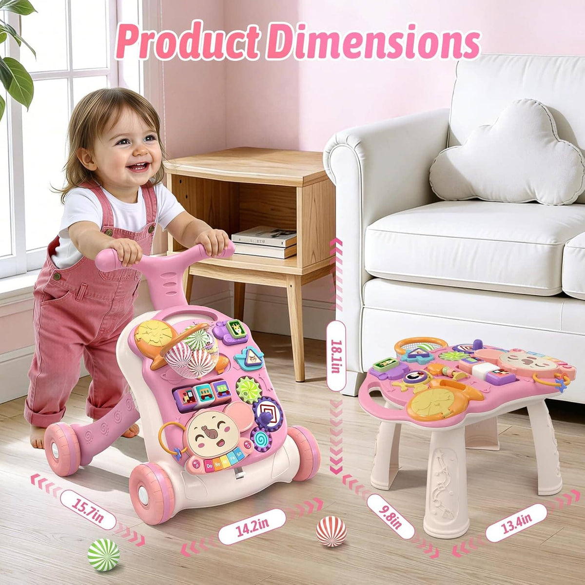 Pink and white baby walker activity center, side view with toy dashboard on the tray