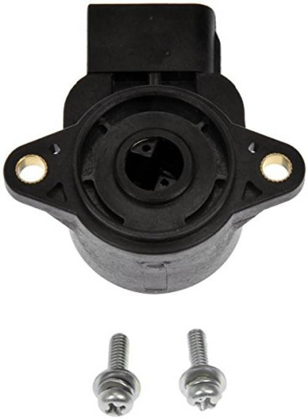 Throttle position sensor front view with circular sensor port and gold mounting tabs