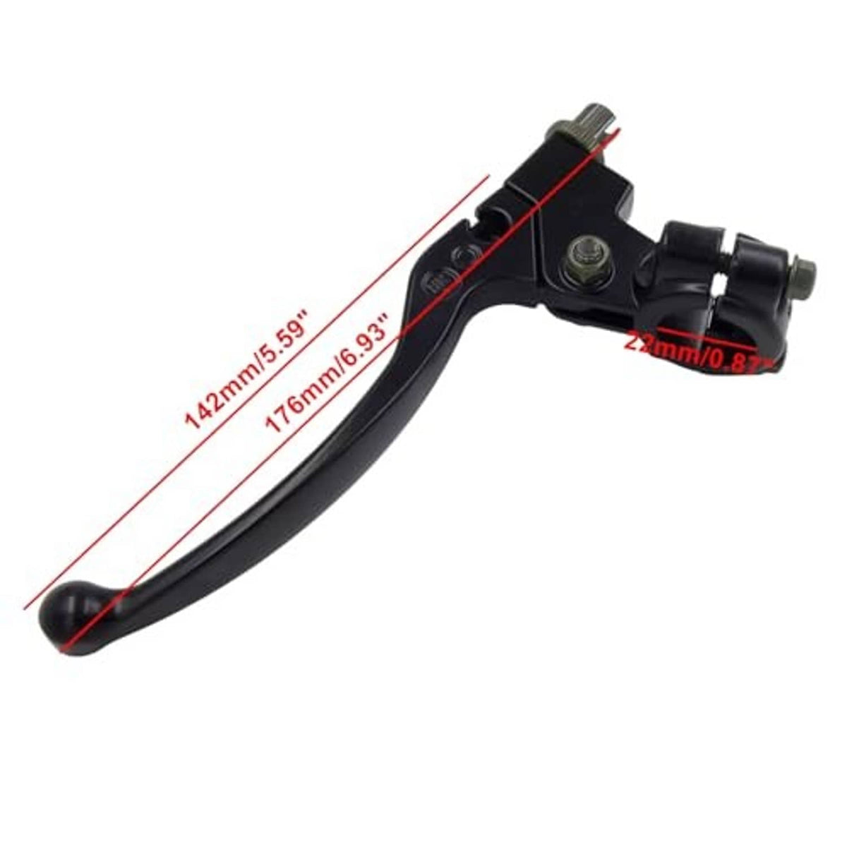 Black folding clutch/brake lever perch with measurement labels for length