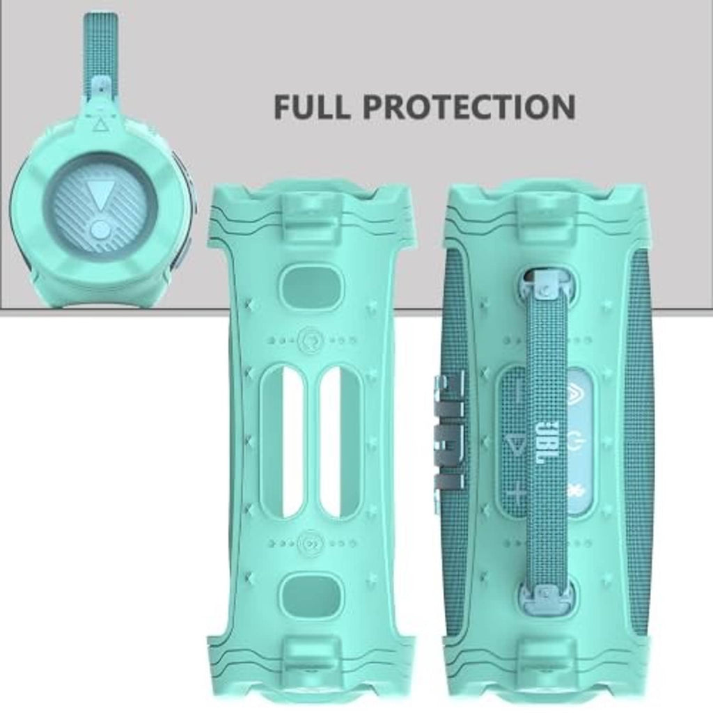 Teal silicone speaker case with full protection ports and side strap loops