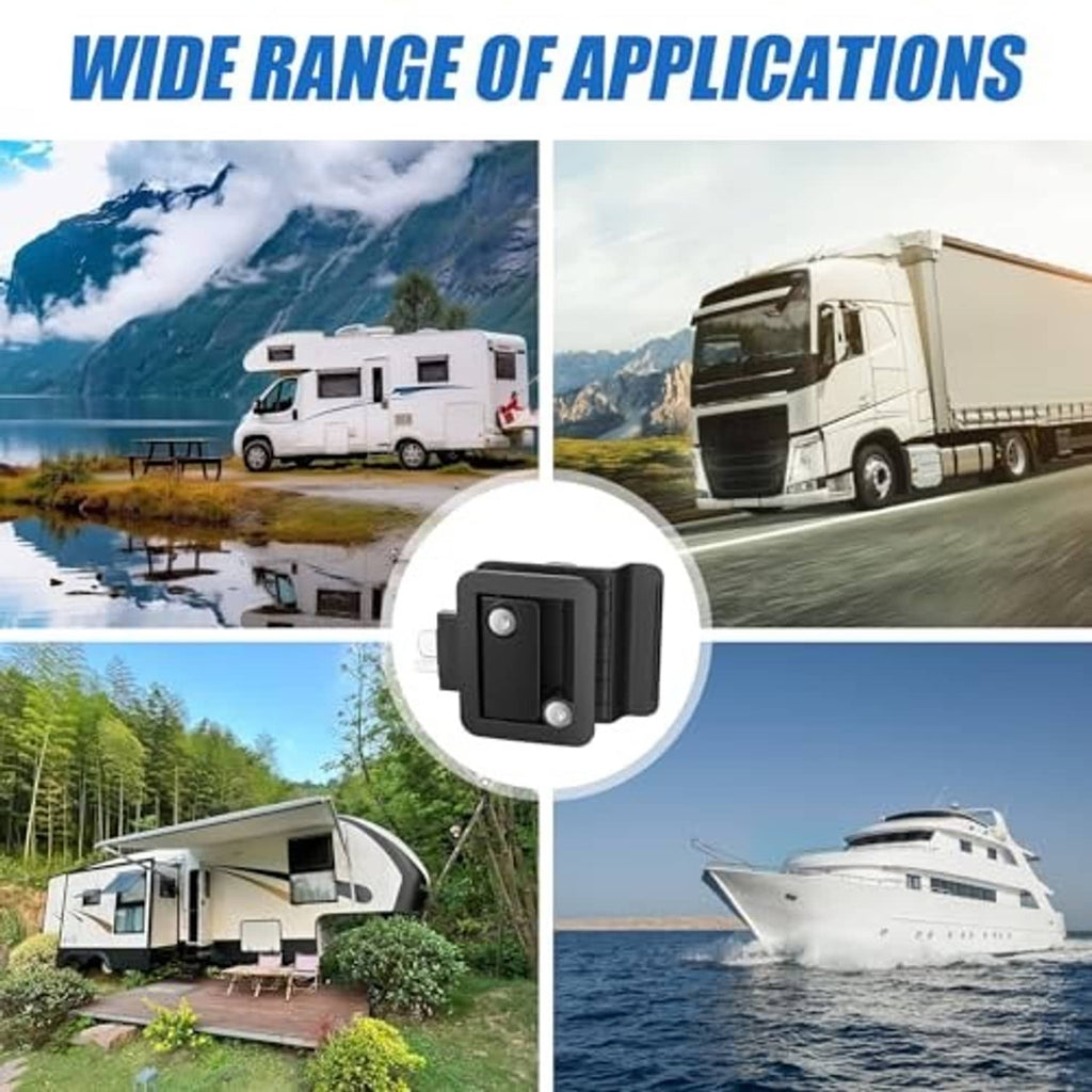 Black RV door lock latch with paddle handle, compact square housing