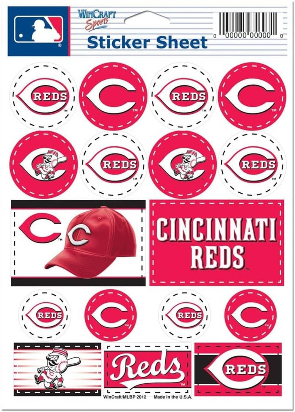 Vinyl sticker sheet showing Cincinnati Reds “Cincinnati Reds” block text and circular logos