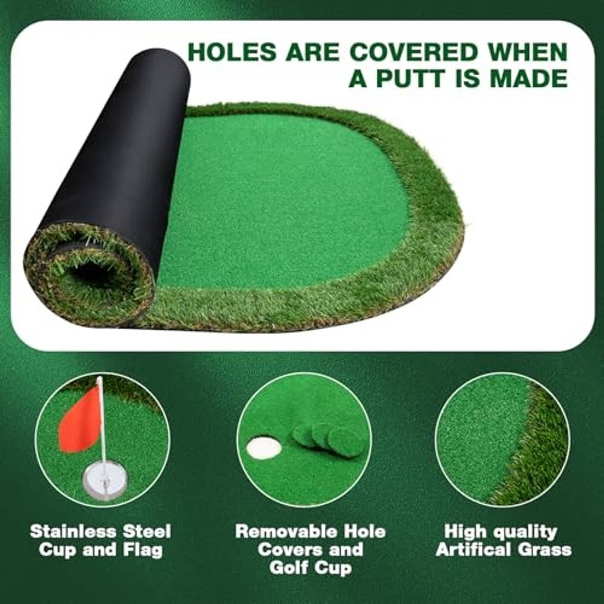 Artificial putting green mat with rolled cover and removable cup flag setup
