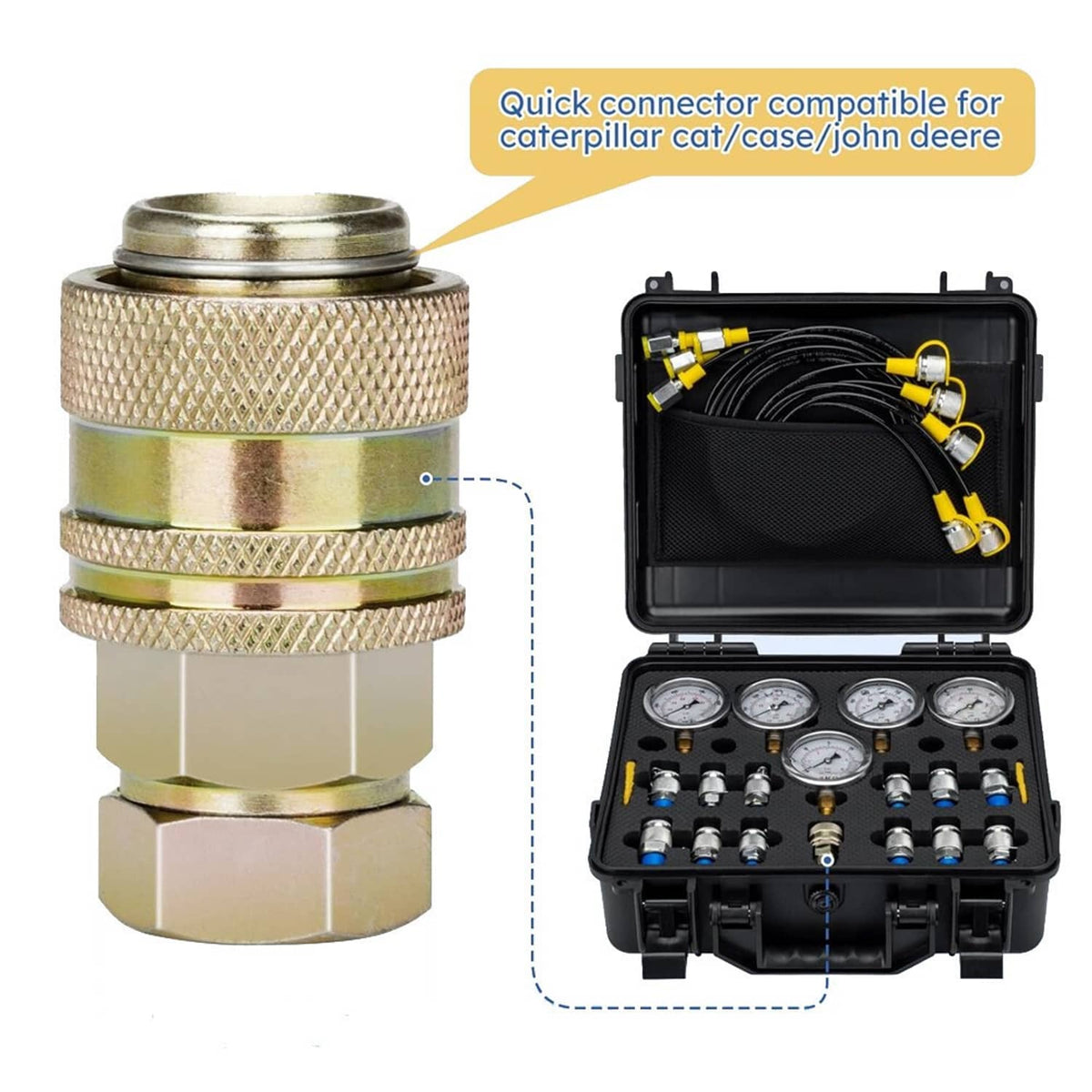 Hydraulic pressure test kit with brass quick connectors and black case display