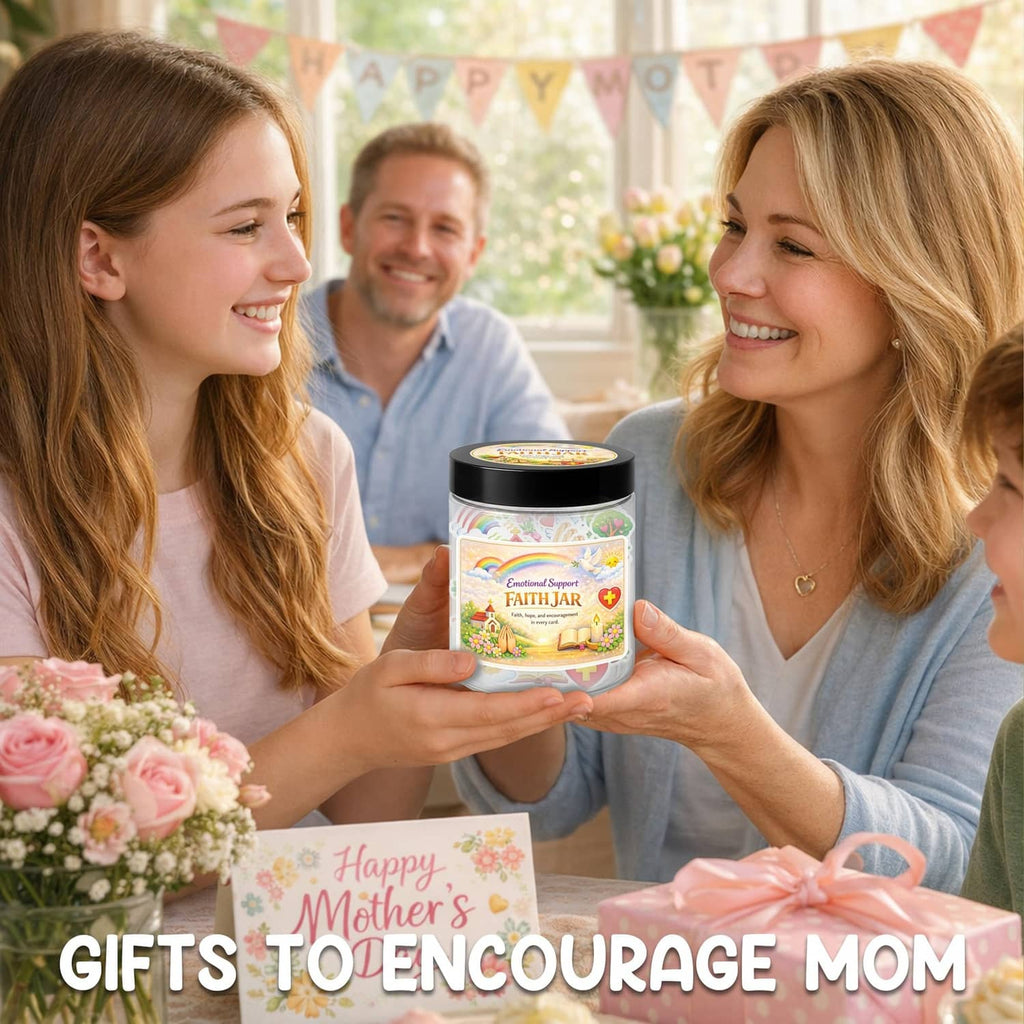 Emotional Support Faith Jar in hands with black lid and colorful faith label for encouragement