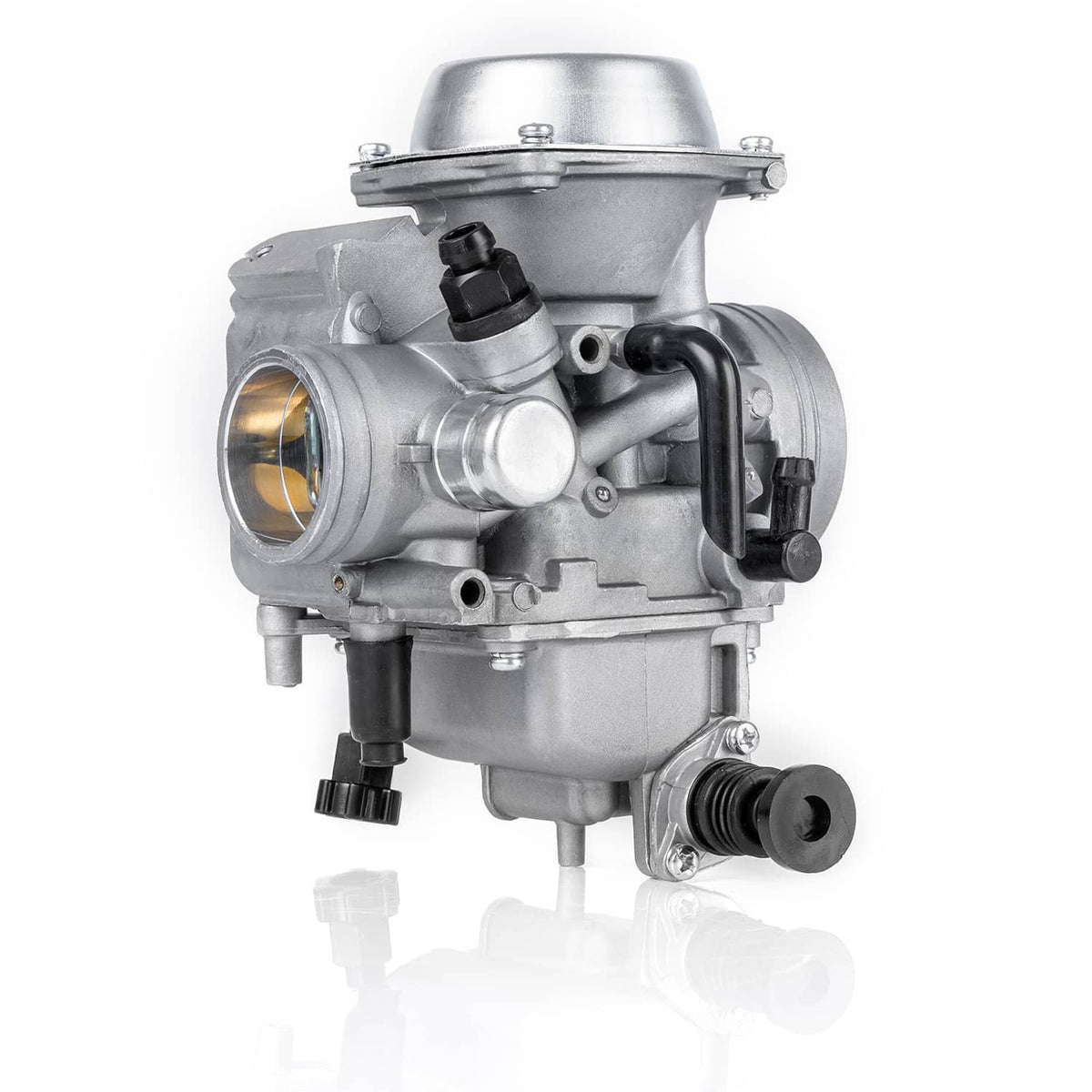 32mm ATV carburetor side view with round air intake and vacuum hose connection