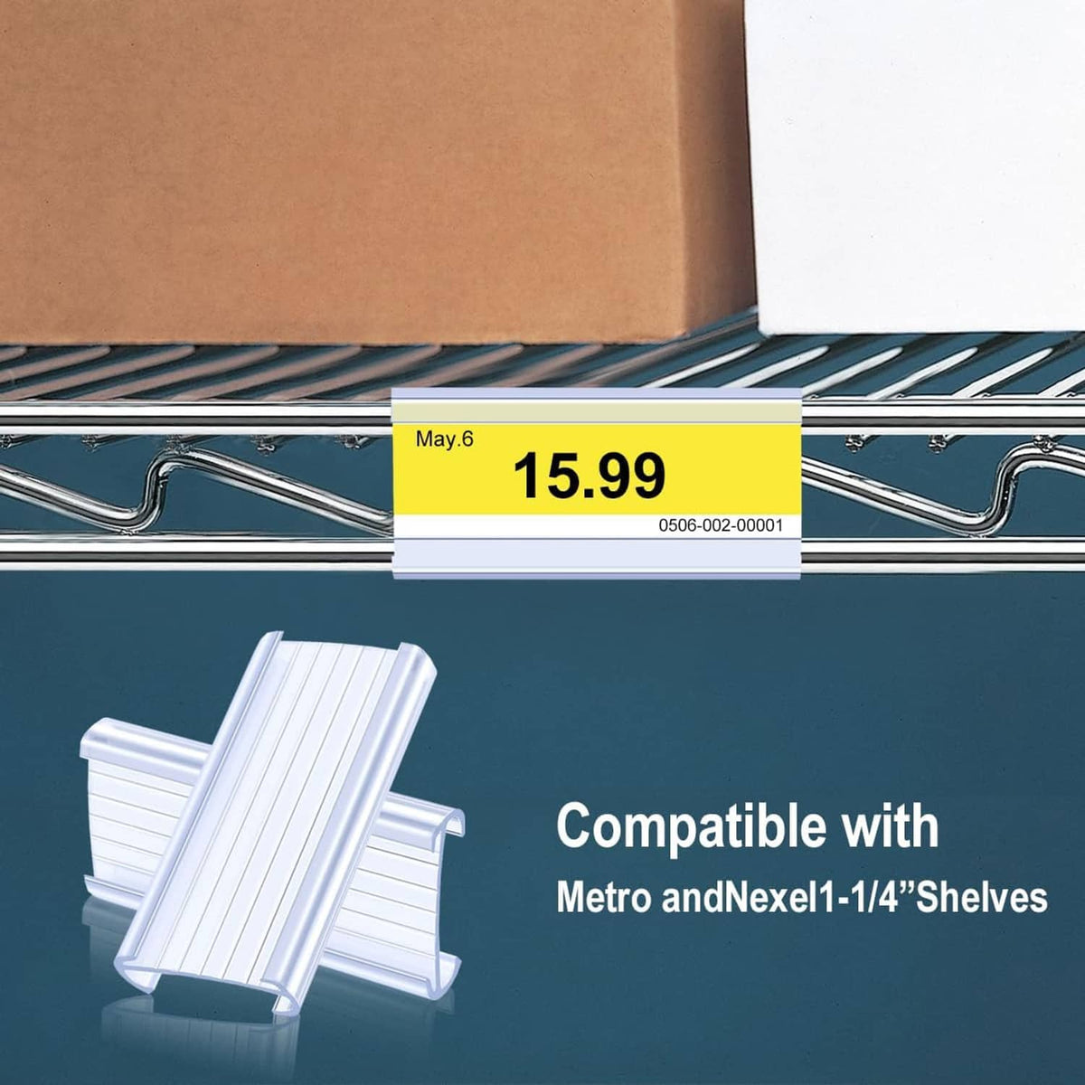 Clear wire shelf label holder with blank label strip on metal grid shelf