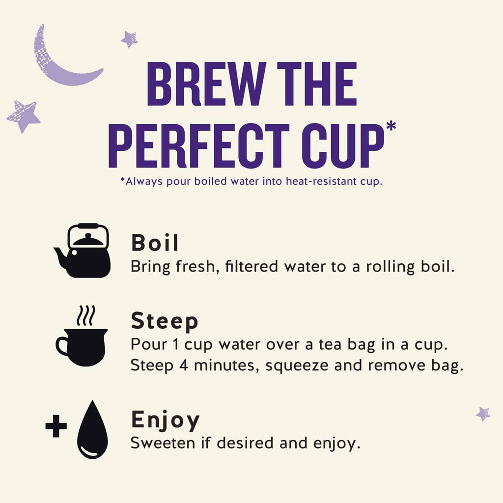 Tea brewing instructions label: boil, steep 4 minutes, sweeten if desired