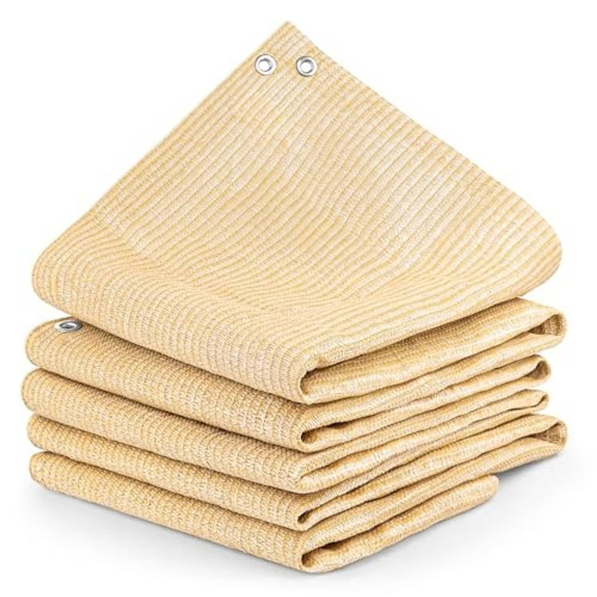 Desert sand shade cloth stacks, triple-folded fabric with visible grommet holes on edges.