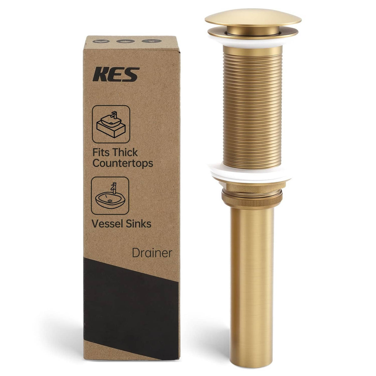 KES brushed gold bathroom pop-up drain with extended thread and stopper, shown with box