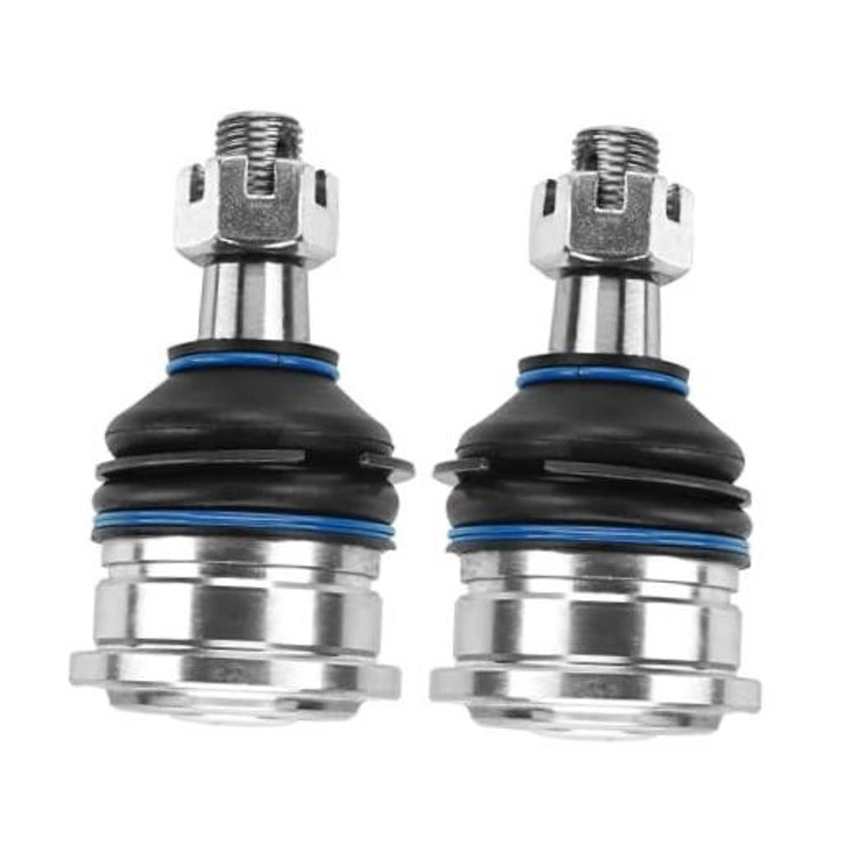 Pair of front upper ball joints with blue rubber boots and chrome metal housings