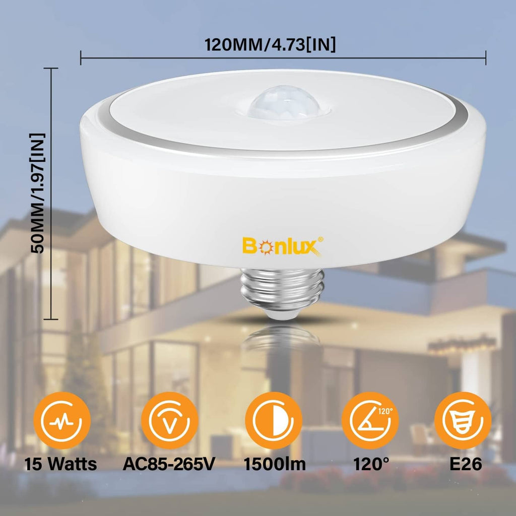 White PIR motion sensor LED bulb with domed lens, E26 base, and visible size markers