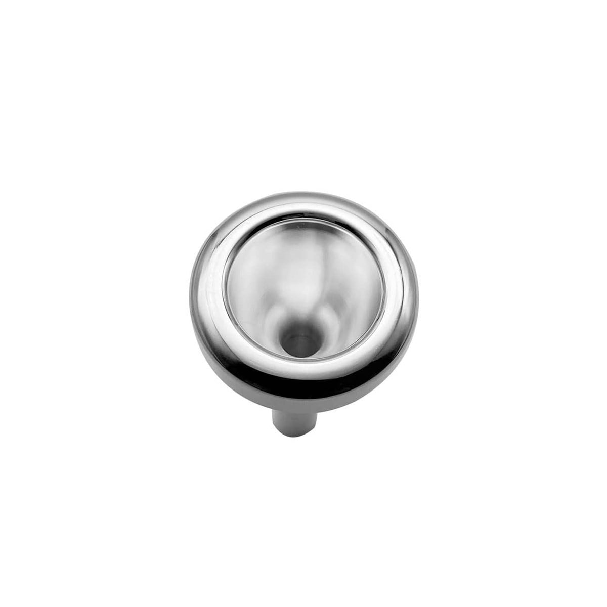 Silver-plated trombone mouthpiece cup facing forward, open center
