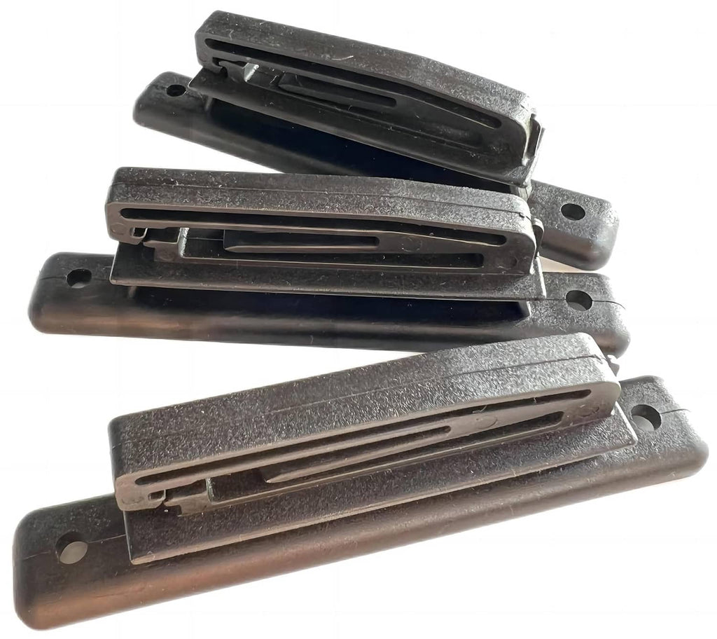 Electric fence polytape insulator pieces with black tape channels and screw holes