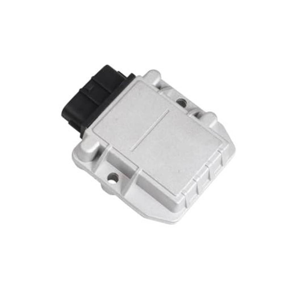 Silver ignition control module with black connector and two mounting tabs