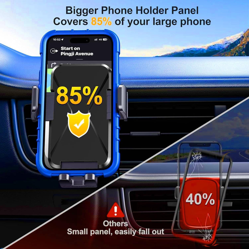 Car vent phone holder with wide protective cradle, smartphone seated in mount