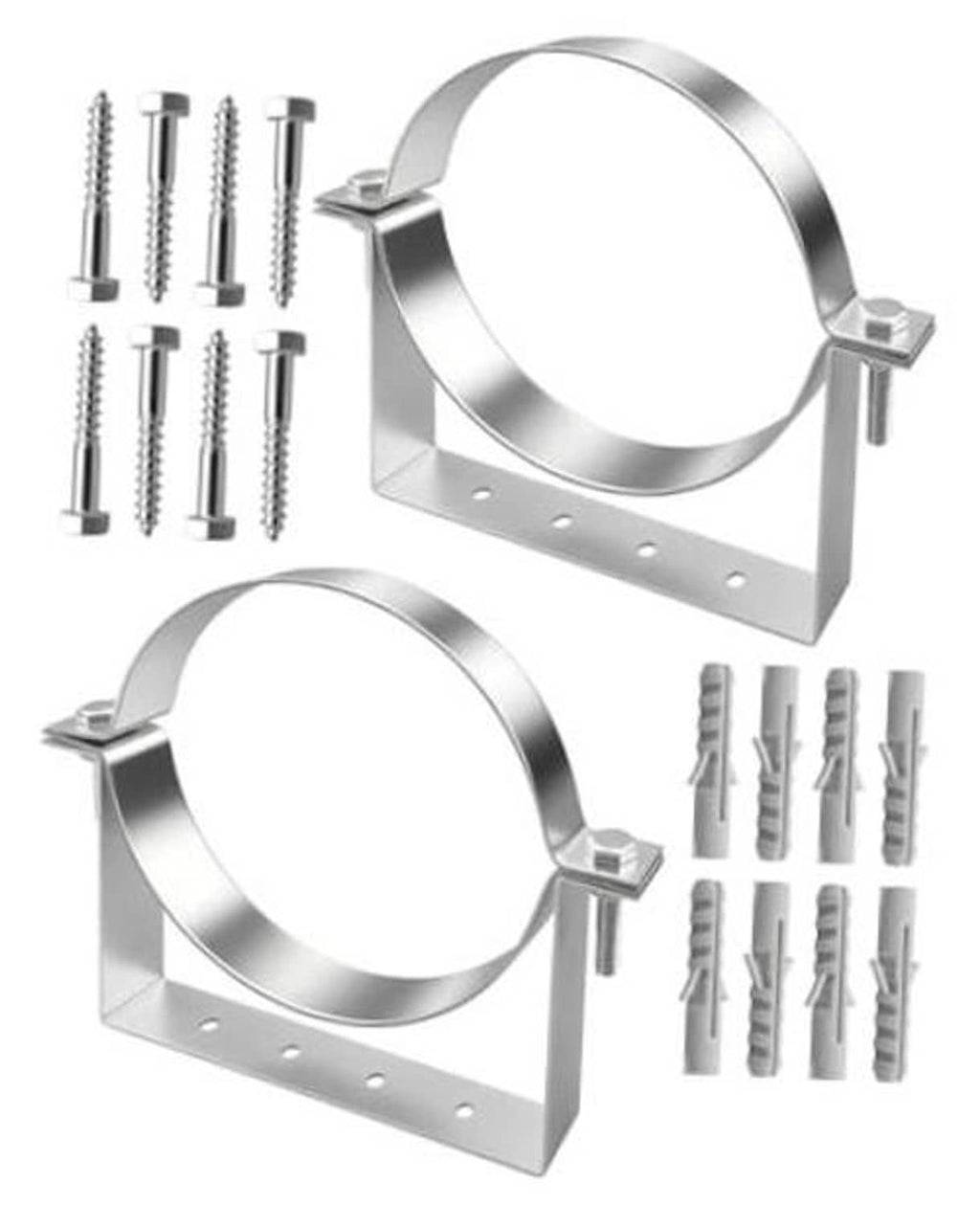 Rigid split-ring pipe hanger with galvanized bracket and mounting screws, metal vent support