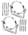 Rigid split-ring pipe hanger with galvanized bracket and mounting screws, metal vent support